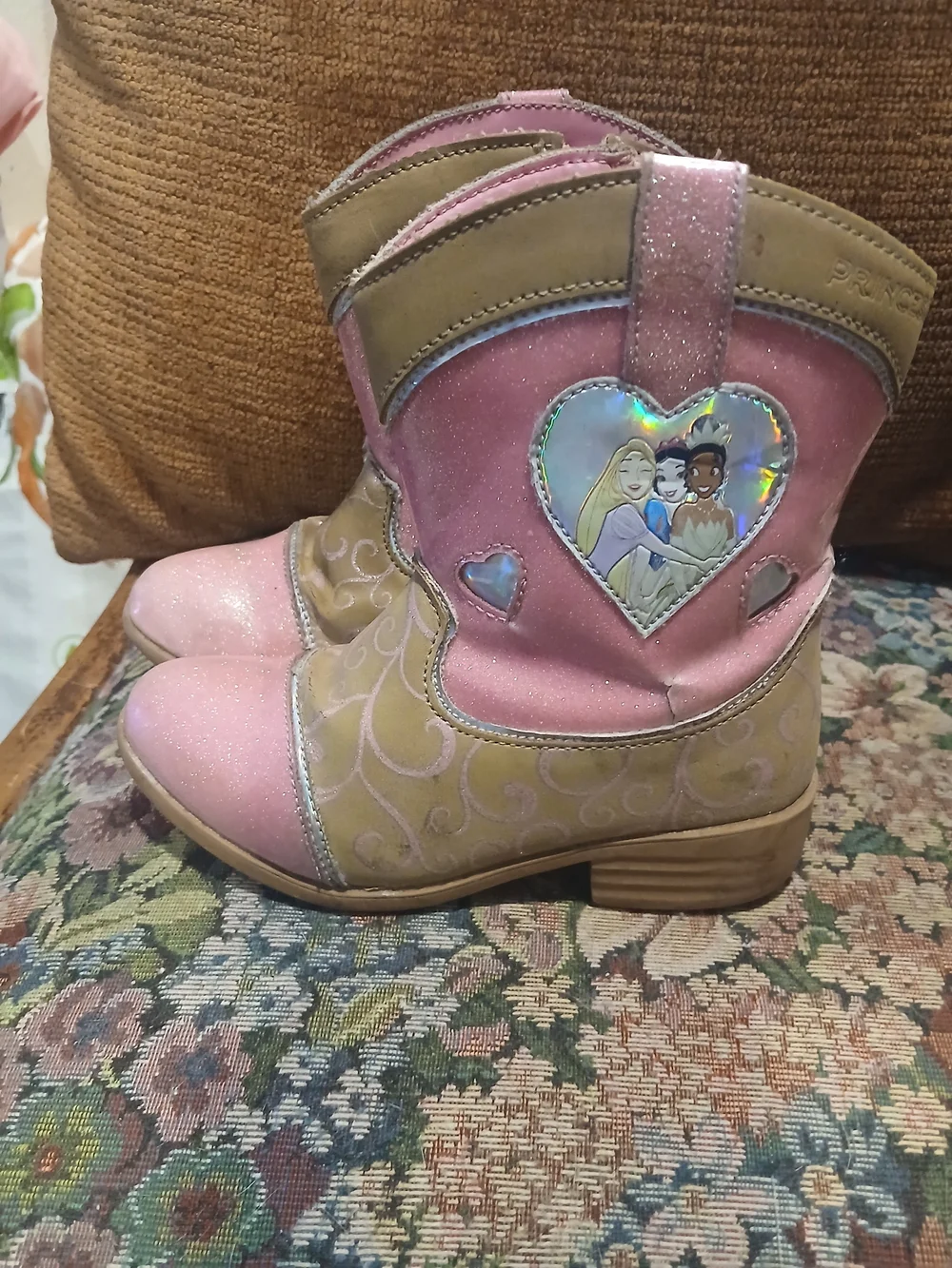 Girls Pink Glitter Western Boots with Princess Heart Accent